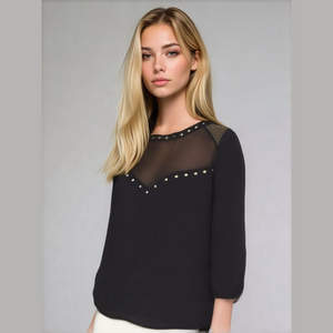 Forever 21 Black Pullover‎ Top Sheer Bodice with Studs 3/4 Sleeves Size S